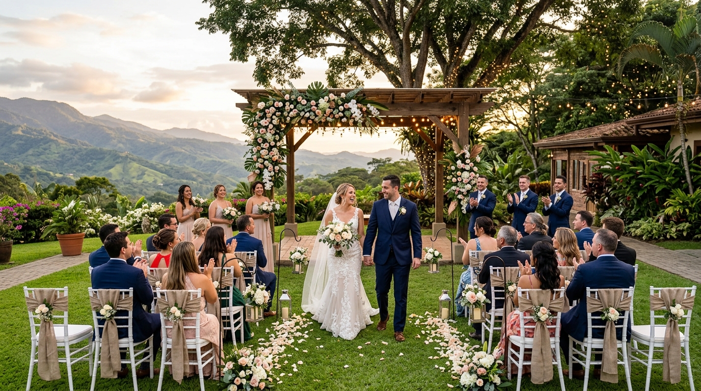 Ceremonia de boda en jardín exterior con vista a las montañas