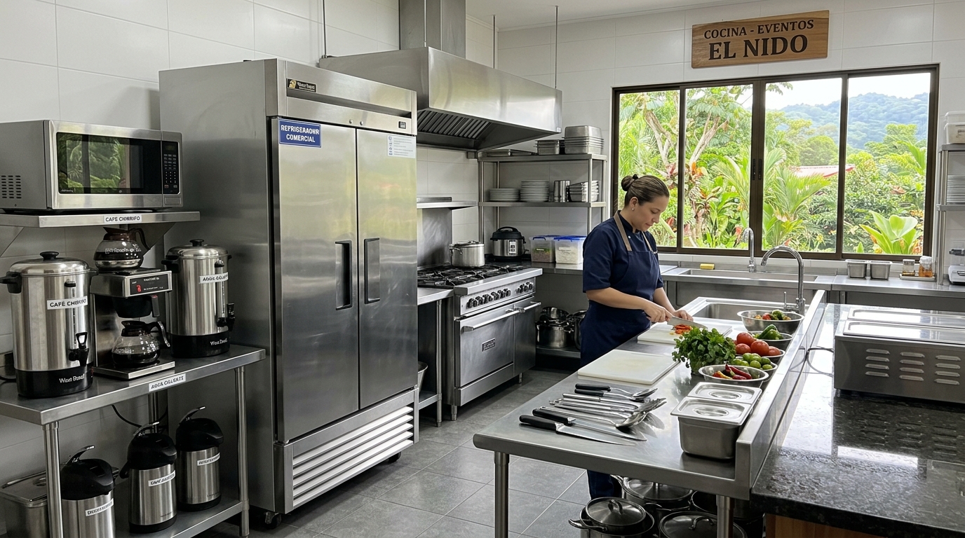 Cocina amplia con electrodomésticos para catering y preparación