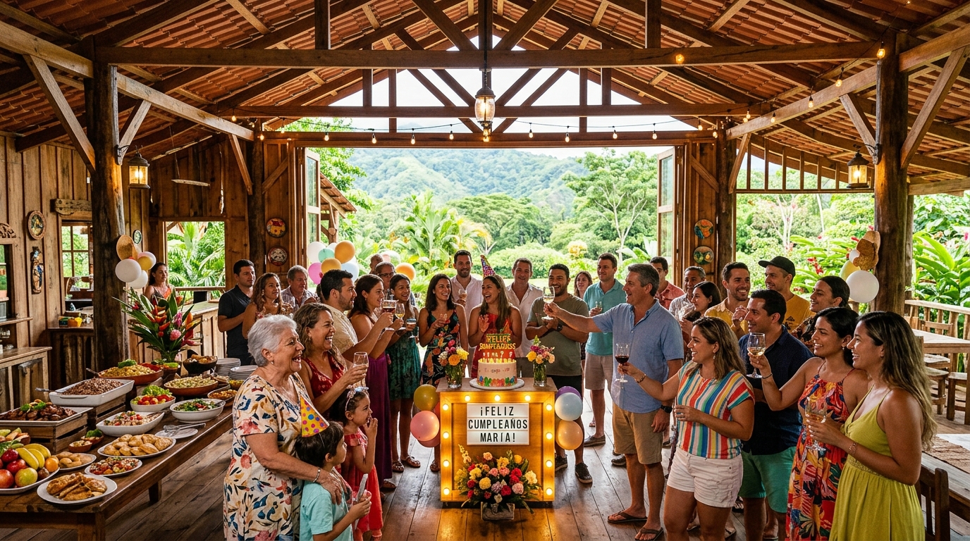 Fiesta de cumpleaños y celebración familiar dentro del rancho