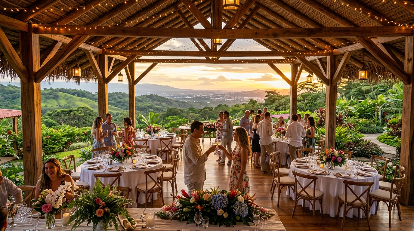 Rancho campestre para eventos en Escazú iluminado al atardecer