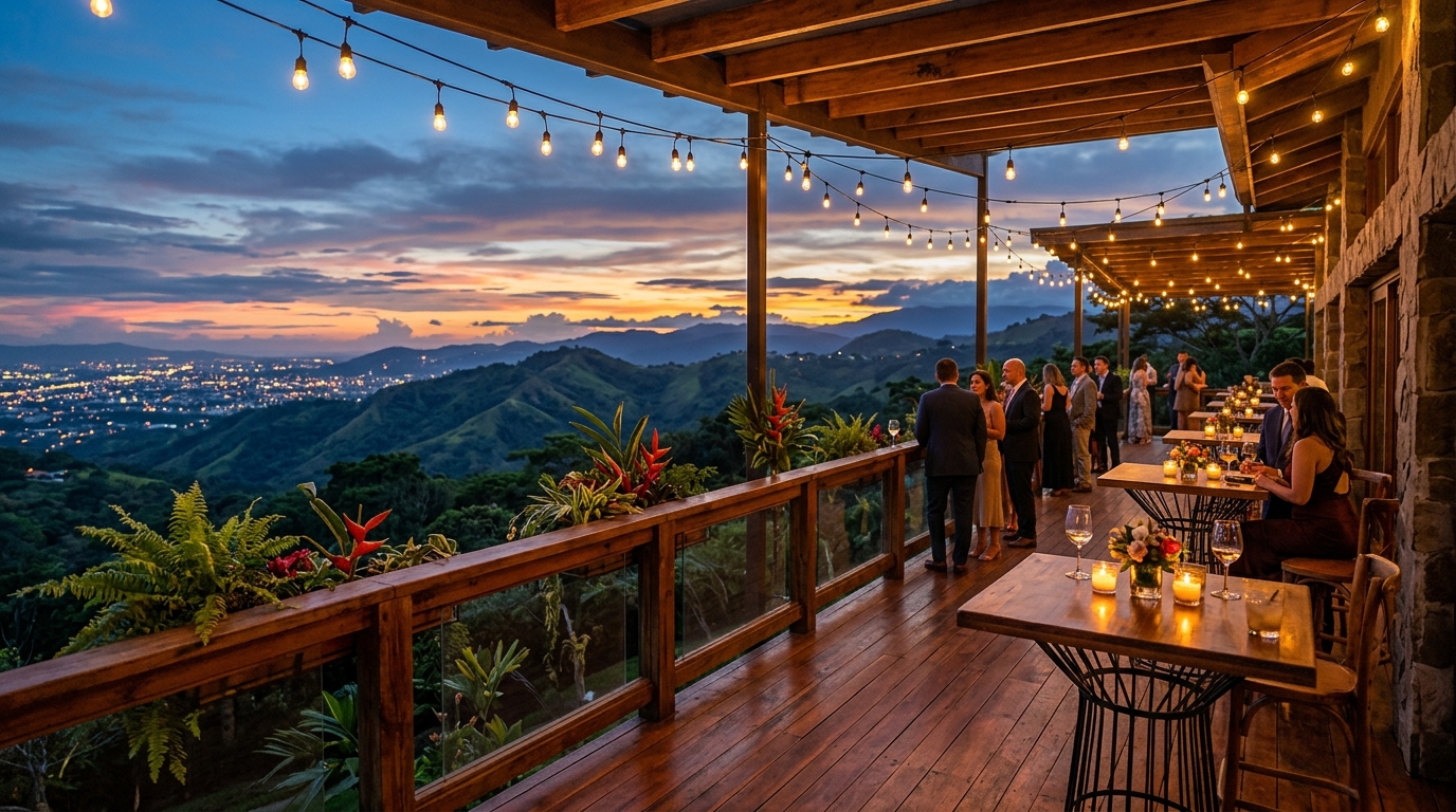 Terraza de madera con vista panorámica al atardecer en Escazú